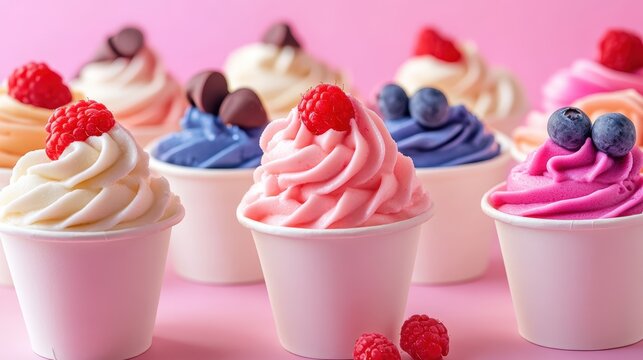 Vibrant and Colorful Swirl of Soft Serve Ice Cream with Fresh Berries in Cups Against a Soft Pink Background