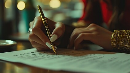 Elegant Handwriting: A Woman's Graceful Signature with a Golden Pen