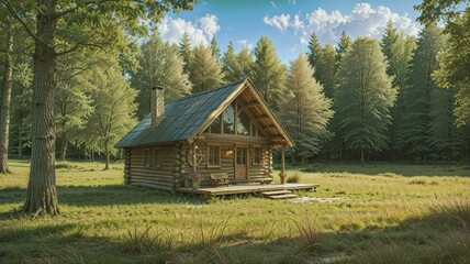 Obraz premium wooden house in the forest. Tranquil Haven: A Cozy Cabin Amidst Nature’s Beauty