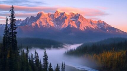 Fototapeta premium Majestic mountain landscape with misty river and golden sunrise over dense forest