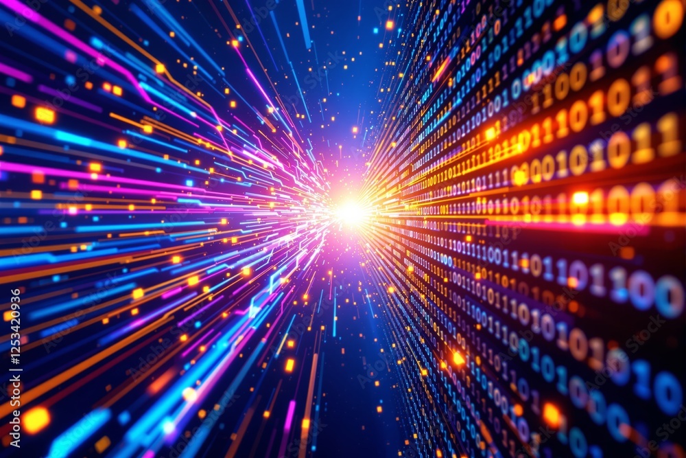 Poster Bright digital light burst with colorful binary data streams.