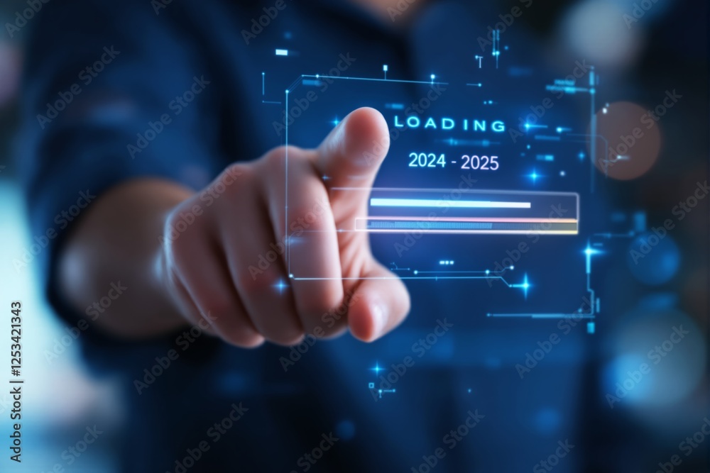 Poster Hand interacting with futuristic digital loading interface for 2024-2025 transition.