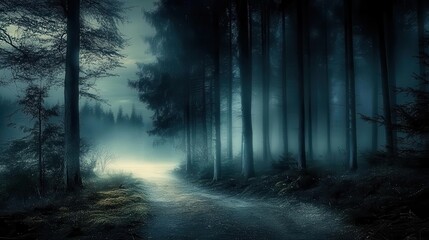 Fototapeta premium Forest background picture showing A dense forest at night, with tall trees and eerie shadows in the background