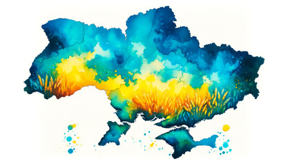 Watercolor illustration of Ukraines map in blue and yellow, symbolizing national pride and cultural heritage. A vibrant artistic representation reflecting identity, independence, and patriotism