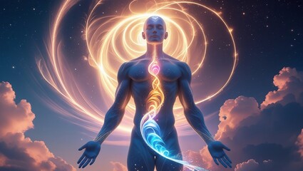 Fototapeta premium illustration of male human body with all seven chakras activated, isolated in black background