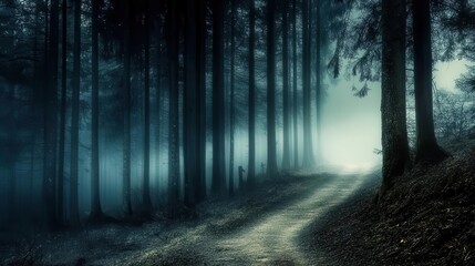 Obraz premium Forest background picture showing A dense forest at night, with tall trees and eerie shadows in the background