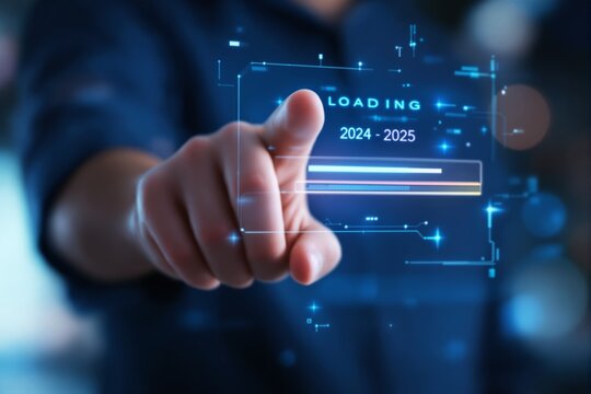 Hand interacting with futuristic digital loading interface for 2024-2025 transition.