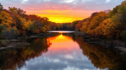 Obraz premium Autumn sunrise reflecting on calm river