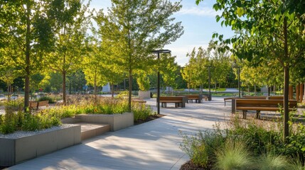 A landscape architect designing a public park with botanical plans and outdoor seating, Park design scene, Urban greenery style