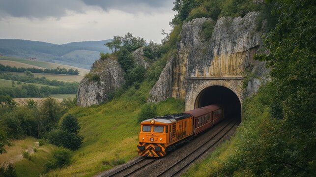 A train emerges from a tunnel, surrounded by lush greenery and rocky cliffs. - Powered by Adobe