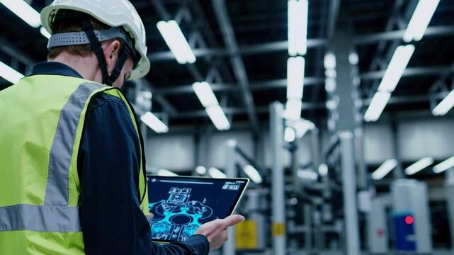 worker in protective gear examines a tablet in an industrial setting, reflecting a blend of safety and technology in the workplace