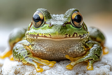 Frog with big eyes and yellow feet is staring at the camera. The frog is green and yellow, and it is looking directly at the viewer. The image has a playful and curious mood