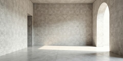 Sunlit Empty Concrete Room with Archway and Doorway, Ideal for Modern Minimalist Design Projects