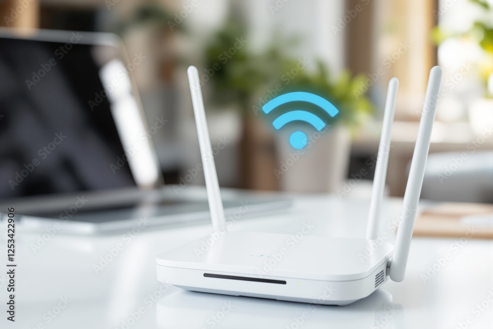 Poster wireless router with antennas emitting a blue wi-fi signal on a white desk in a blurred modern home 