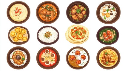 A variety of colorful dishes arranged in bowls, showcasing different cuisines and flavors.