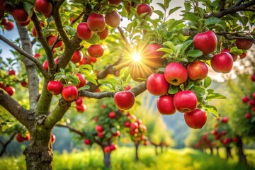 Obraz premium A sunlit orchard showcasing ripe red apples hanging heavily from branches, a picturesque scene of autumnal abundance