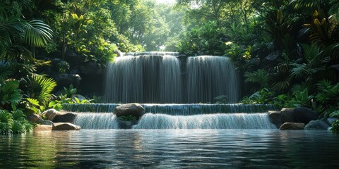 Naklejka premium Serene Waterfall in Lush Tropical Paradise: A Tranquil Oasis