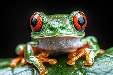 Fototapeta premium Frog with red eyes is sitting on a leaf. The frog is looking at the camera. The image has a warm and inviting mood