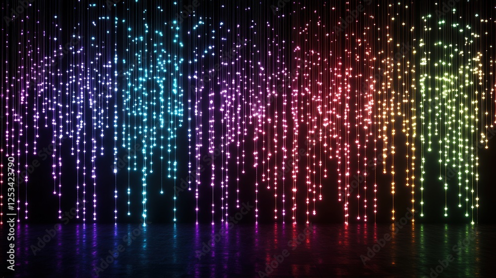 Poster abstract glowing neon background with binary code elements in vibrant colors for modern design and t