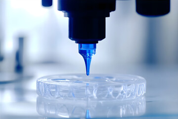 Bio printing heart. Macro of extrusion 3D bio printing. Red Bio ink extrusion process. The latest technologies in the field of organ printing. Science and technology illustration.