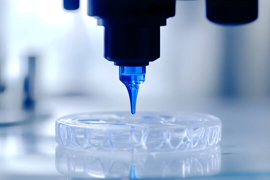 Bio printing heart. Macro of extrusion 3D bio printing. Red Bio ink extrusion process. The latest technologies in the field of organ printing. Science and technology illustration.