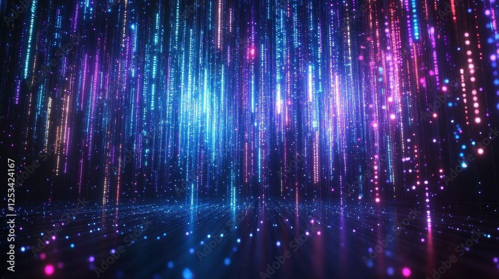 Poster vibrant abstract background with glowing neon binary code in multicolored streams of light and digit