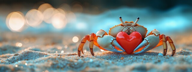 Valentine's Day, a crab on the seashore holds a heart in its claws
