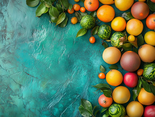 A vibrant array of juicy tropical fruit sprawls on the turquoise background, Tropical freshness and color. Generative Ai