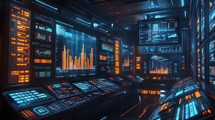 Obraz premium Futuristic Control Room with Digital Screens