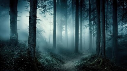 Obraz premium Forest background picture showing A dense forest at night, with tall trees and eerie shadows in the background