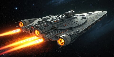 An advanced space cruiser with bright orange and yellow glowing thrusters blasting through the darkness of outer space, cosmic dust, rocket boost, spaceship propulsion