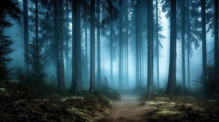 Obraz premium Forest background picture showing A dense forest at night, with tall trees and eerie shadows in the background