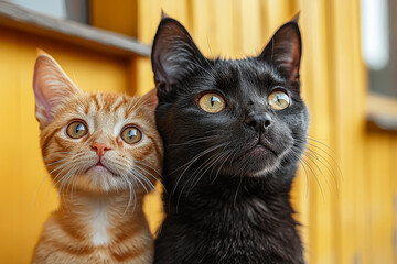 Two cats, one orange and one black, are standing next to each other. The orange cat has a curious look on its face, while the black cat appears to be more relaxed. The scene is peaceful and friendly