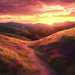 Selbstklebende Fototapeten Sunset path through rolling hills, wildflowers, peaceful landscape © Fenny