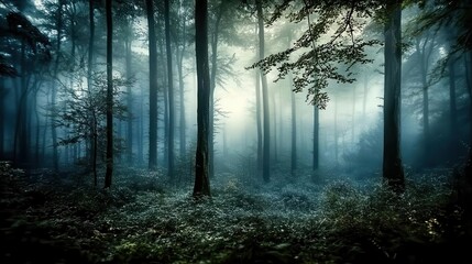 Obraz premium Forest background picture showing A dense forest at night, with tall trees and eerie shadows in the background