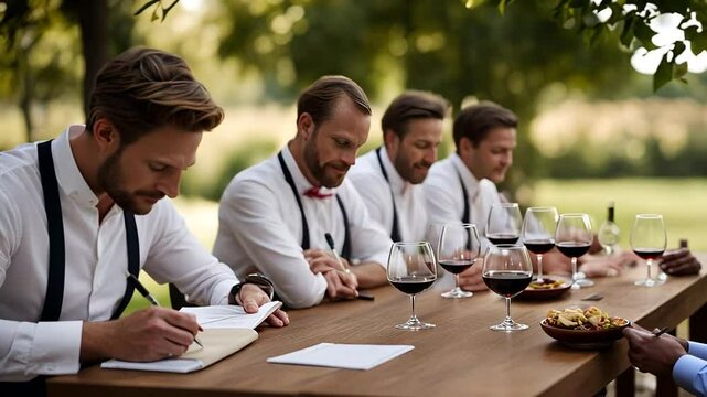 People at a wine tasting. Sommeliers at a wine tasting.