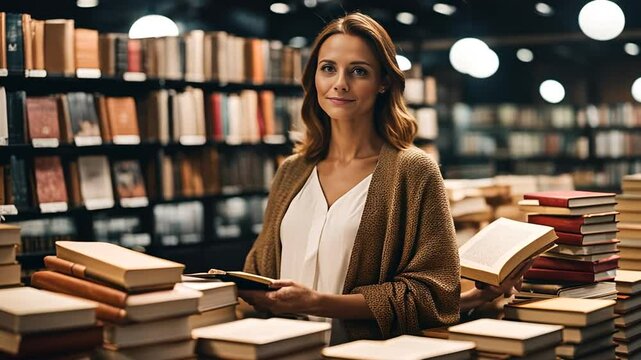 Female writer at a book signing.