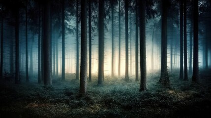 Fototapeta premium Forest background picture showing A dense forest at night, with tall trees and eerie shadows in the background