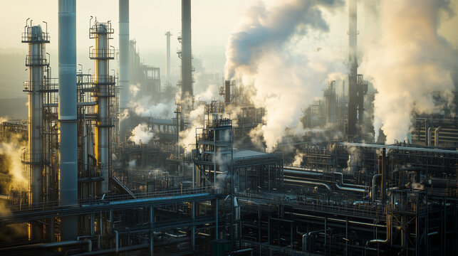 A sprawling industrial complex features pipes, towers, and smoke against a hazy sky, depicting a scene of heavy manufacturing or resource extraction. The dense network of infrastructure .