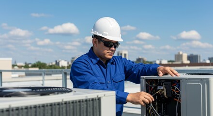 HVAC Technician Inspecting Rooftop Unit - A skilled technician in a hard hat carefully examines and maintains a rooftop HVAC unit on a sunny day.