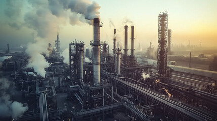 Fototapeta premium Smokestacks from a sprawling industrial complex fill the frame. The photo suggests concerns around pollution or environmental impact.