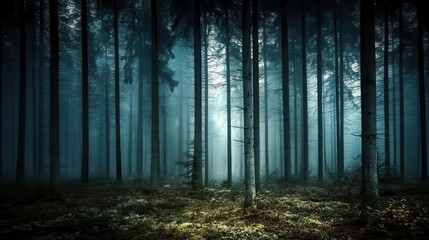 Naklejka premium Forest background picture showing A dense forest at night, with tall trees and eerie shadows in the background