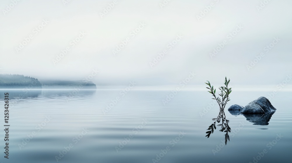 Poster serene nature reflection tranquil lake minimalist art calm environment horizontal view subtle textur