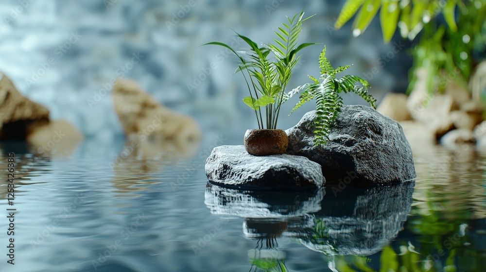 Poster tranquil nature scene with ferns and rocks serene pond photography calm environment close-up minimal