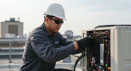 HVAC Technician Rooftop Repair - A skilled technician performs maintenance on a rooftop air conditioning unit, symbolizing expertise, efficiency, reliability, precision, and problem-solving.
