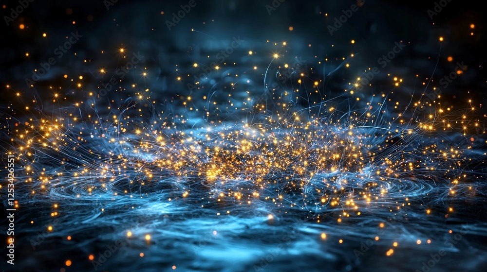 Poster Dynamic light points radiating across water surface abstract art digital design dark environment close-up view