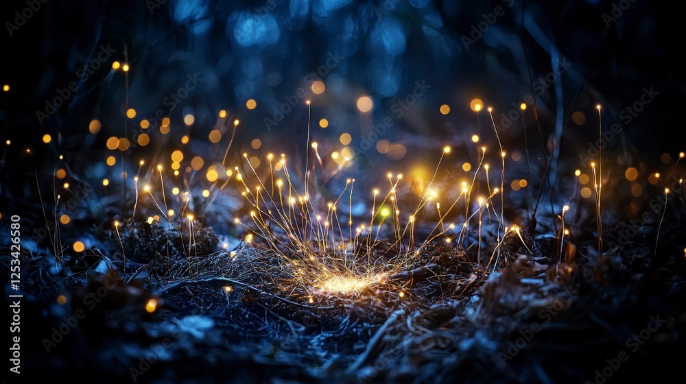 Aufkleber illuminating light points spreading from ground enchanted forest abstract design nighttime close-up 