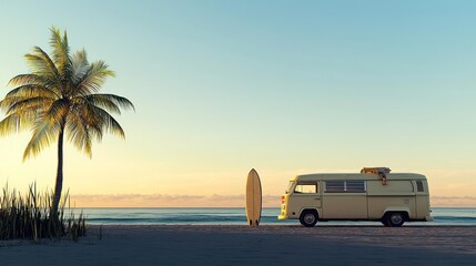 Pastel Beach Sunset With Vintage Camper Van