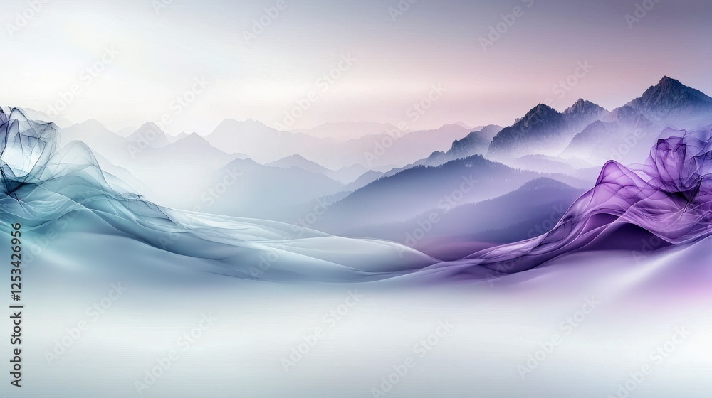 Aufkleber ethereal misty landscape serene mountains abstract art tranquil environment wide viewpoint minimal c