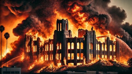 This dramatic close-up photo illustration captures a cultural landmark in Los Angeles being consumed by a massive fire